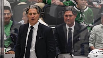 May 3, 2025; Dallas, Texas, USA; Colorado Avalanche head coach Jared Bednar during the game between the Dallas Stars and the Colorado Avalanche in game seven of the first round of the 2025 Stanley Cup Playoffs at American Airlines Center. Mandatory Credit: Jerome Miron-Imagn Images