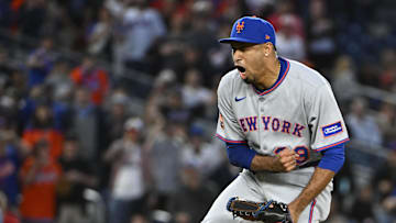 Apr 26, 2025; Washington, District of Columbia, USA; New York Mets pitcher Edwin Díaz (39) celebrates after the final out against the Washington Nationals at Nationals Park. Mandatory Credit: Brad Mills-Imagn Images