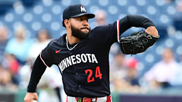 May 1, 2025; Cleveland, Ohio, USA; Minnesota Twins starting pitcher Simeon Woods Richardson (24) throws a pitch during the first inning against the Cleveland Guardians at Progressive Field. Mandatory Credit: Ken Blaze-Imagn Images

