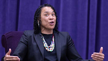 Dawn Staley answers a question during a 2025 panel discussion in Ohio.