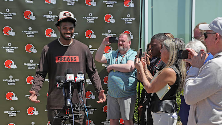 Cleveland Browns quarterback Shedeur Sanders (12) responds to reporters during a press conference before day two of NFL rookie minicamp at the Cleveland Browns training facility on Saturday, May 10, 2025, in Berea, Ohio.