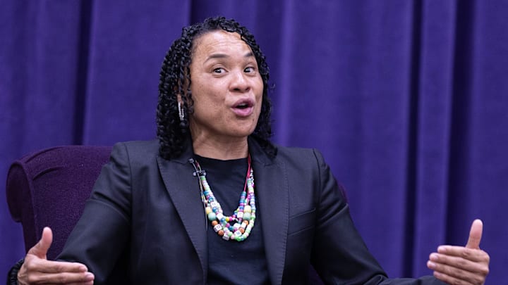 Dawn Staley answers a question during a 2025 panel discussion in Ohio.