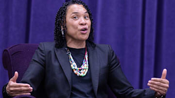 University of South Carolina women's basketball coach Dawn Staley answers a question by moderator Dan Hughes during the University of Mount Union's Schooler Lecture speaker series on April 23, 2025, in Alliance, Ohio.