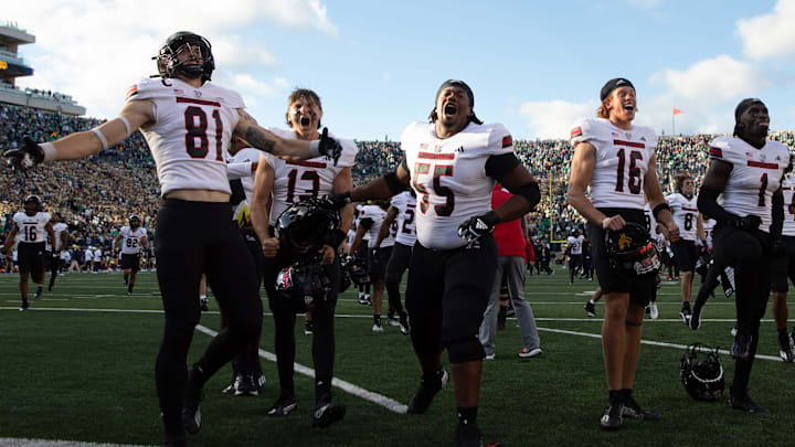 Northern Illinois celebrates after winning a NCAA college football game 16-14 against Notre Dame at Notre Dame Stadium on Saturday, Sept. 7, 2024, in South Bend.