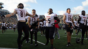 Northern Illinois celebrates after winning a NCAA college football game 16-14 against Notre Dame at Notre Dame Stadium on Saturday, Sept. 7, 2024, in South Bend.