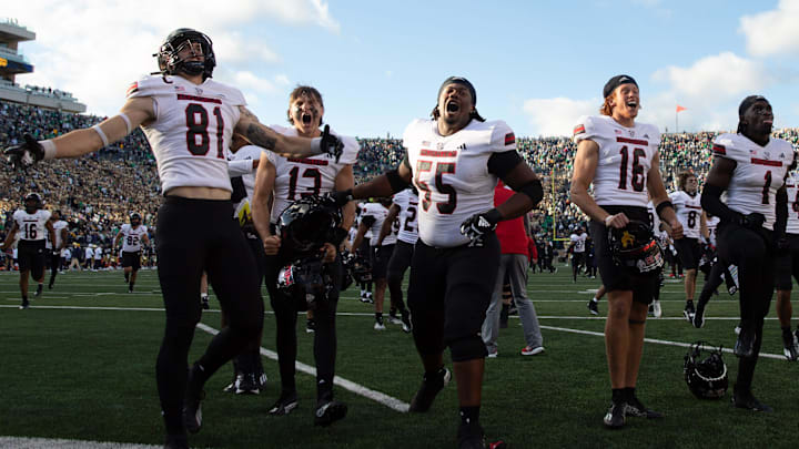 Northern Illinois celebrates after winning a NCAA college football game 16-14 against Notre Dame at Notre Dame Stadium on Saturday, Sept. 7, 2024, in South Bend.