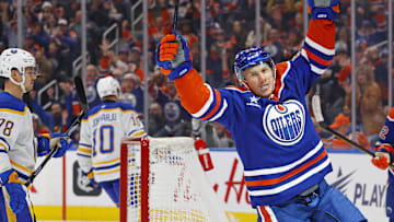 Jan 25, 2025; Edmonton, Alberta, CAN; Edmonton Oilers forward Jeff Skinner (53) celebrates after scoring a goal against the Buffalo Sabres at Rogers Place. Mandatory Credit: Perry Nelson-Imagn Images