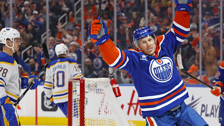 Jan 25, 2025; Edmonton, Alberta, CAN; Edmonton Oilers forward Jeff Skinner (53) celebrates after scoring a goal against the Buffalo Sabres at Rogers Place. Mandatory Credit: Perry Nelson-Imagn Images
