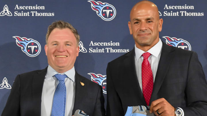 Jan 29, 2026; Nashville, TN, USA;  Tennessee Titans general manager Mike Borgonzi and Tennessee Titans head coach Robert Saleh holds up the Titans jersey during the press conference at Ascension Saint Thomas Sports Park. Mandatory Credit: Steve Roberts-Imagn Images