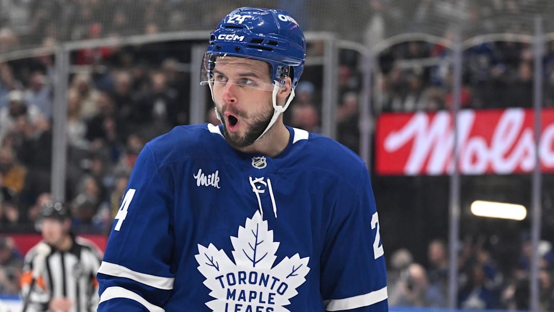 Jan 21, 2026; Toronto, Ontario, CAN;  Toronto Maple Leafs forward Scott Laughton (24) celebrates after scoring a goal against Detroit Red Wings goalie John Gibson (36) in the first period at Scotiabank Arena. Mandatory Credit: Dan Hamilton-Imagn Images
