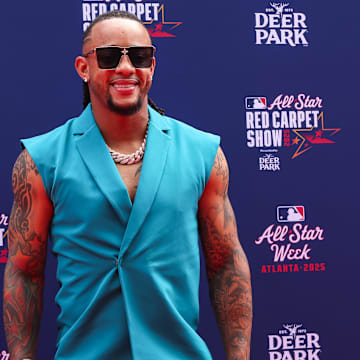 Jul 15, 2025; Atlanta, GA, USA; National League second baseman Ketel Marte (4) of the Arizona Diamondbacks poses for a photo on the red carpet before the 2025 MLB All Star Game at Truist Park. Mandatory Credit: Brett Davis-Imagn Images