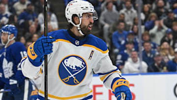 Oct 25, 2025; Toronto, Ontario, CAN; Buffalo Sabres right wing Alex Tuch (89) celebrates a goal by defenceman Bowen Byram (4) (not shown) against the Toronto Maple Leafs in the second period at Scotiabank Arena. Mandatory Credit: Gerry Angus-Imagn Images