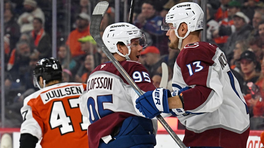 Dec 7, 2025; Philadelphia, Pennsylvania, USA; Colorado Avalanche right wing Valeri Nichushkin (13) celebrates his goal with left wing Victor Olofsson (95) against the Philadelphia Flyers during the second period at Xfinity Mobile Arena. Mandatory Credit: Eric Hartline-Imagn Images