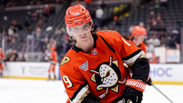 Mar 7, 2025; Anaheim, California, USA; Anaheim Ducks right wing Troy Terry skates during warm ups before a game against the St. Louis Blues at Honda Center. Mandatory Credit: Ryan Sun-Imagn Images