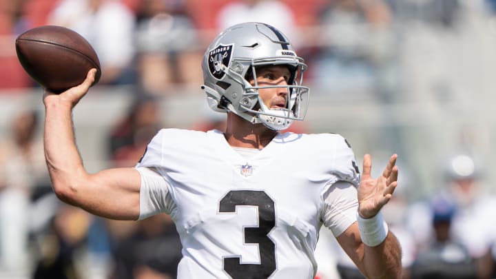 Aug 29, 2021; Santa Clara, California, USA;  Las Vegas Raiders quarterback Nathan Peterman (3) throws the ball  during the third quarter against the San Francisco 49ers at Levi's Stadium. Mandatory Credit: Stan Szeto-USA TODAY Sports