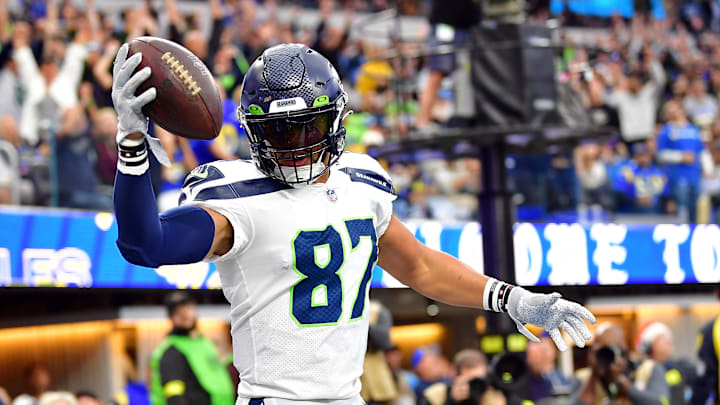 Seattle Seahawks tight end Noah Fant (87) celebrates his touchdown scored against the Los Angeles Rams during the first half at SoFi Stadium.