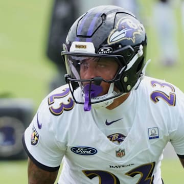 Jul 24, 2025; Owings Mills, MD, USA; Baltimore Ravens cornerback Jaire Alexander (23) runs drills during training camp at the Under Armour Performance Center. 