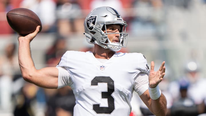 Aug 29, 2021; Santa Clara, California, USA;  Las Vegas Raiders quarterback Nathan Peterman (3) throws the ball  during the third quarter against the San Francisco 49ers at Levi's Stadium. Mandatory Credit: Stan Szeto-USA TODAY Sports