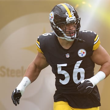 Oct 12, 2025; Pittsburgh, Pennsylvania, USA;   Pittsburgh Steelers linebacker Alex Highsmith (56) reacts as he takes the field against the Cleveland Browns at Acrisure Stadium. Mandatory Credit: Charles LeClaire-Imagn Images