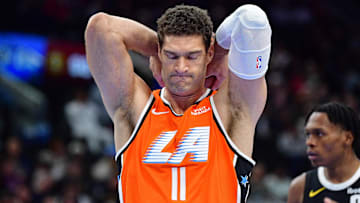 Nov 12, 2025; Inglewood, California, USA; Los Angeles Clippers center Brook Lopez (11) reacts during the second half at Intuit Dome. Mandatory Credit: Gary A. Vasquez-Imagn Images