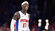 Apr 2, 2025; Oklahoma City, Oklahoma, USA; Detroit Pistons guard Dennis Schroder (17) stands during a time out against the Oklahoma City Thunder during the second half at Paycom Center. Mandatory Credit: Alonzo Adams-Imagn Images