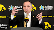 Ben McCollum, Iowa's new head men's basketball coach, speaks during his introductory press conference Tuesday, March 25, 2025 at Carver-Hawkeye Arena in Iowa City, Iowa.