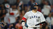 Mar 21, 2023; Miami, Florida, USA; Japan third baseman Munetaka Murakami (55) looks on after hitting a home run during the second inning against USA at LoanDepot Park. Mandatory Credit: Sam Navarro-Imagn Images