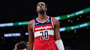 Nov 5, 2025; Boston, Massachusetts, USA; Washington Wizards center Alex Sarr (20) reacts after a play against the Boston Celtics in the second half at TD Garden. Mandatory Credit: David Butler II-Imagn Images