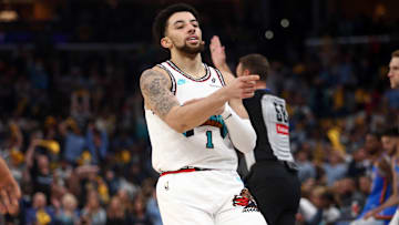Apr 24, 2025; Memphis, Tennessee, USA; Memphis Grizzlies guard Scotty Pippen Jr. (1) reacts after a basket during the second quarter against the Oklahoma City Thunder during game three for the first round of the 2025 NBA Playoffs at FedExForum. Mandatory Credit: Petre Thomas-Imagn Images
