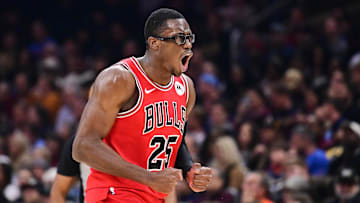 Nov 8, 2025; Cleveland, Ohio, USA; Chicago Bulls forward Jalen Smith (25) celebrates after hitting a three point basket against the Cleveland Cavaliers during the first half at Rocket Arena. Mandatory Credit: Ken Blaze-Imagn Images