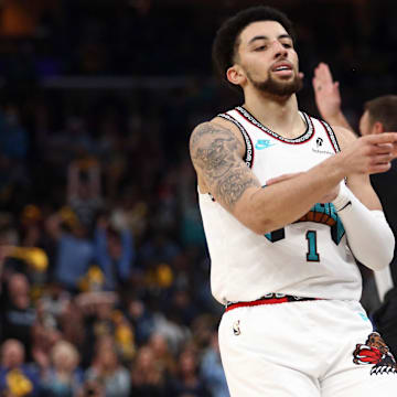 Apr 24, 2025; Memphis, Tennessee, USA; Memphis Grizzlies guard Scotty Pippen Jr. (1) reacts after a basket during the second quarter against the Oklahoma City Thunder during game three for the first round of the 2025 NBA Playoffs at FedExForum. Mandatory Credit: Petre Thomas-Imagn Images