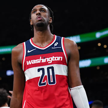 Nov 5, 2025; Boston, Massachusetts, USA; Washington Wizards center Alex Sarr (20) reacts after a play against the Boston Celtics in the second half at TD Garden. Mandatory Credit: David Butler II-Imagn Images
