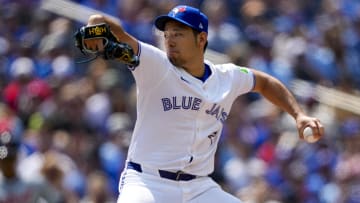 Jul 20, 2024; Toronto, Ontario, CAN; Toronto Blue Jays pitcher Yusei Kikuchi (16) pitches to the Detroit Tigers during the first inning at Rogers Centre.