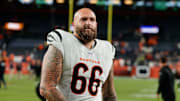 Sep 29, 2025; Denver, Colorado, USA; Cincinnati Bengals guard Dalton Risner (66) looks on after the game against the Denver Broncos at Empower Field at Mile High. Mandatory Credit: Isaiah J. Downing-Imagn Images.