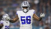 Dallas Cowboys defensive end Dante Fowler Jr. reacts from the field against the Miami Dolphins during the fourth quarter at Hard Rock Stadium.