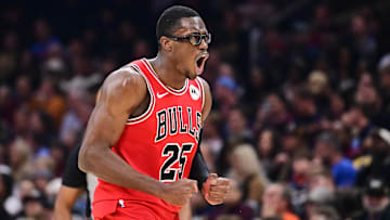 Nov 8, 2025; Cleveland, Ohio, USA; Chicago Bulls forward Jalen Smith (25) celebrates after hitting a three point basket against the Cleveland Cavaliers during the first half at Rocket Arena. Mandatory Credit: Ken Blaze-Imagn Images