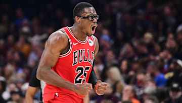 Nov 8, 2025; Cleveland, Ohio, USA; Chicago Bulls forward Jalen Smith (25) celebrates after hitting a three point basket against the Cleveland Cavaliers during the first half at Rocket Arena. Mandatory Credit: Ken Blaze-Imagn Images