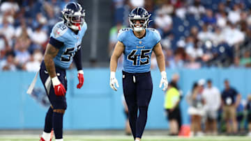 Aug 17, 2024; Nashville, Tennessee, USA; Tennessee Titans linebacker Chance Campbell (45) sets up for a play in the fourth quarter agains the Seattle Seahawks at Nissan Stadium. Mandatory Credit: Casey Gower-Imagn Images
