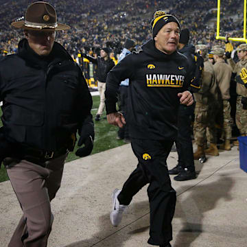 Iowa head football coach Kirk Ferentz heads back to the locker room after orchestrating his Hawkeyes to a 27-22 win over Minnesota during the NCAA Big 10 conference football game on Saturday, Nov. 13, 2021, at Kinnick Stadium in Iowa City, Iowa.

20211113 Iowavsminn