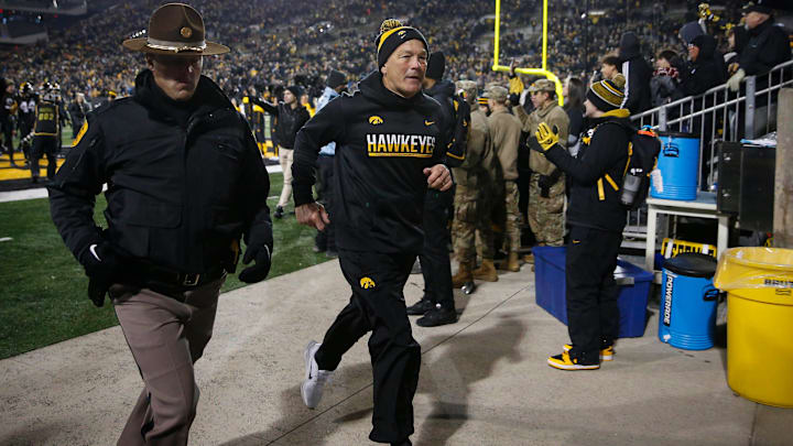 Iowa head football coach Kirk Ferentz heads back to the locker room after orchestrating his Hawkeyes to a 27-22 win over Minnesota during the NCAA Big 10 conference football game on Saturday, Nov. 13, 2021, at Kinnick Stadium in Iowa City, Iowa.

20211113 Iowavsminn