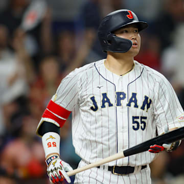 Mar 21, 2023; Miami, Florida, USA; Japan third baseman Munetaka Murakami (55) looks on after hitting a home run during the second inning against USA at LoanDepot Park. Mandatory Credit: Sam Navarro-Imagn Images