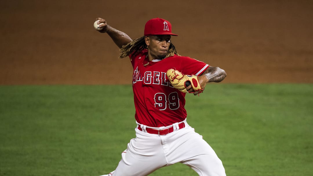 Jul 31, 2020; Anaheim, California, USA; Los Angeles Angels relief pitcher Keynan Middleton (99) delivers a pitch against the Houston Astros during the game at Angel Stadium. Mandatory Credit: Angels Baseball/Pool Photo via USA TODAY Network