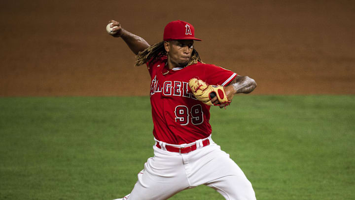 Jul 31, 2020; Anaheim, California, USA; Los Angeles Angels relief pitcher Keynan Middleton (99) delivers a pitch against the Houston Astros during the game at Angel Stadium. Mandatory Credit: Angels Baseball/Pool Photo via USA TODAY Network