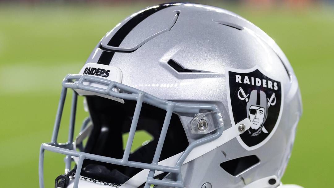 Aug 23, 2025; Glendale, Arizona, USA; Detailed view of a Las Vegas Raiders helmet during a preseason NFL game at State Farm Stadium. Mandatory Credit: Mark J. Rebilas-Imagn Images