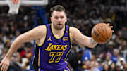 Apr 9, 2025; Dallas, Texas, USA; Los Angeles Lakers guard Luka Doncic (77) in action during the game between the Dallas Mavericks and the Los Angeles Lakers at American Airlines Center. Mandatory Credit: Jerome Miron-Imagn Images