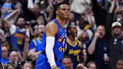 May 3, 2025; Denver, Colorado, USA; Denver Nuggets guard Russell Westbrook (4) reacts after a three point score in the second quarter against the LA Clippers during game seven of first round for the 2025 NBA Playoffs at Ball Arena. Mandatory Credit: Ron Chenoy-Imagn Images