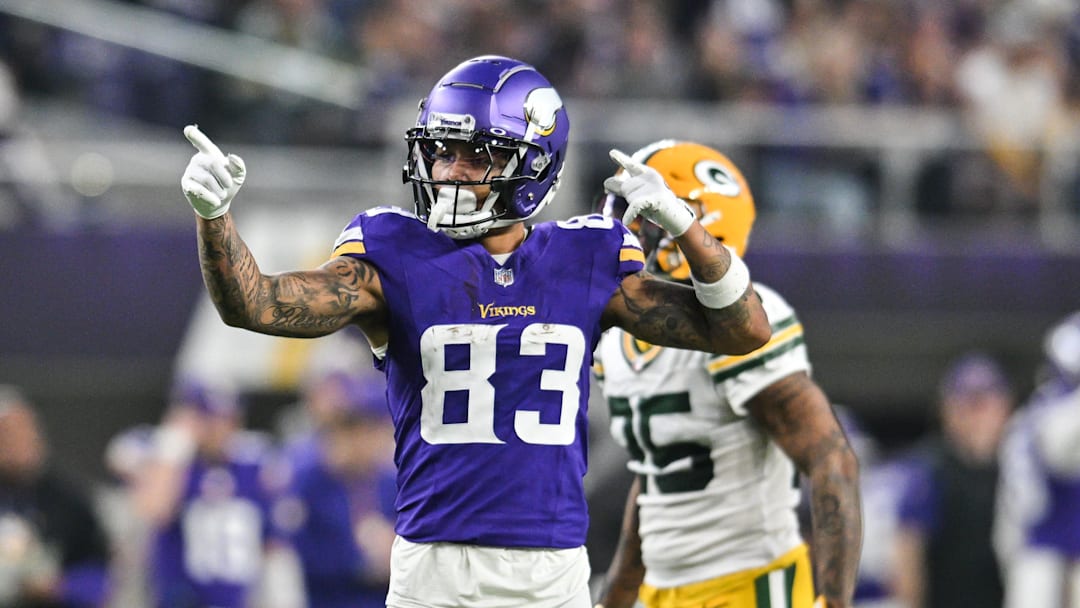 Dec 29, 2024; Minneapolis, Minnesota, USA; Minnesota Vikings wide receiver Jalen Nailor (83) reacts during the first quarter after a catch against the Green Bay Packers at U.S. Bank Stadium. Mandatory Credit: Jeffrey Becker-Imagn Images Dec 29, 2024; Minneapolis, Minnesota, USA; Minnesota Vikings wide receiver Jalen Nailor (83) reacts during the first quarter after a catch against the Green Bay Packers at U.S. Bank Stadium. Mandatory Credit: Jeffrey Becker-Imagn Images
