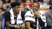 Jan 20, 2017; Atlanta, GA, USA; Chicago Bulls forward Jimmy Butler (21) and guard Dwyane Wade (3) talk against the Atlanta Hawks in the fourth quarter at Philips Arena. The Hawks won 102-93. Mandatory Credit: Brett Davis-Imagn Images
