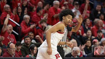 Dec 30, 2024; Piscataway, New Jersey, USA;  Rutgers Scarlet Knights guard Dylan Harper (2) runs up court after making a three point basket during the second half against the Columbia Lions at Jersey Mike's Arena. Mandatory Credit: Vincent Carchietta-Imagn Images