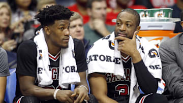 Jan 20, 2017; Atlanta, GA, USA; Chicago Bulls forward Jimmy Butler (21) and guard Dwyane Wade (3) talk against the Atlanta Hawks in the fourth quarter at Philips Arena. The Hawks won 102-93. Mandatory Credit: Brett Davis-Imagn Images
